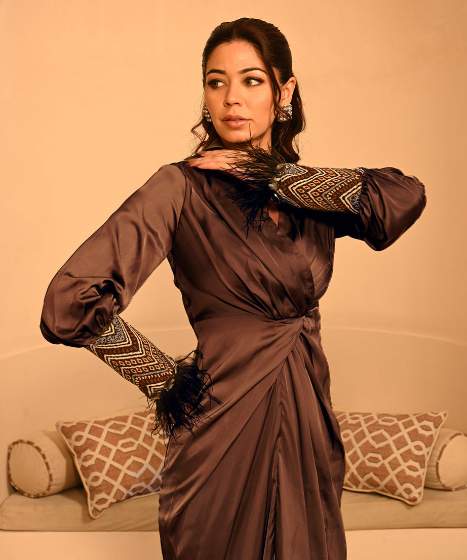 Women's Satin Knot Waist Maxi Dress Elegant Long Sleeve Occasion Wear