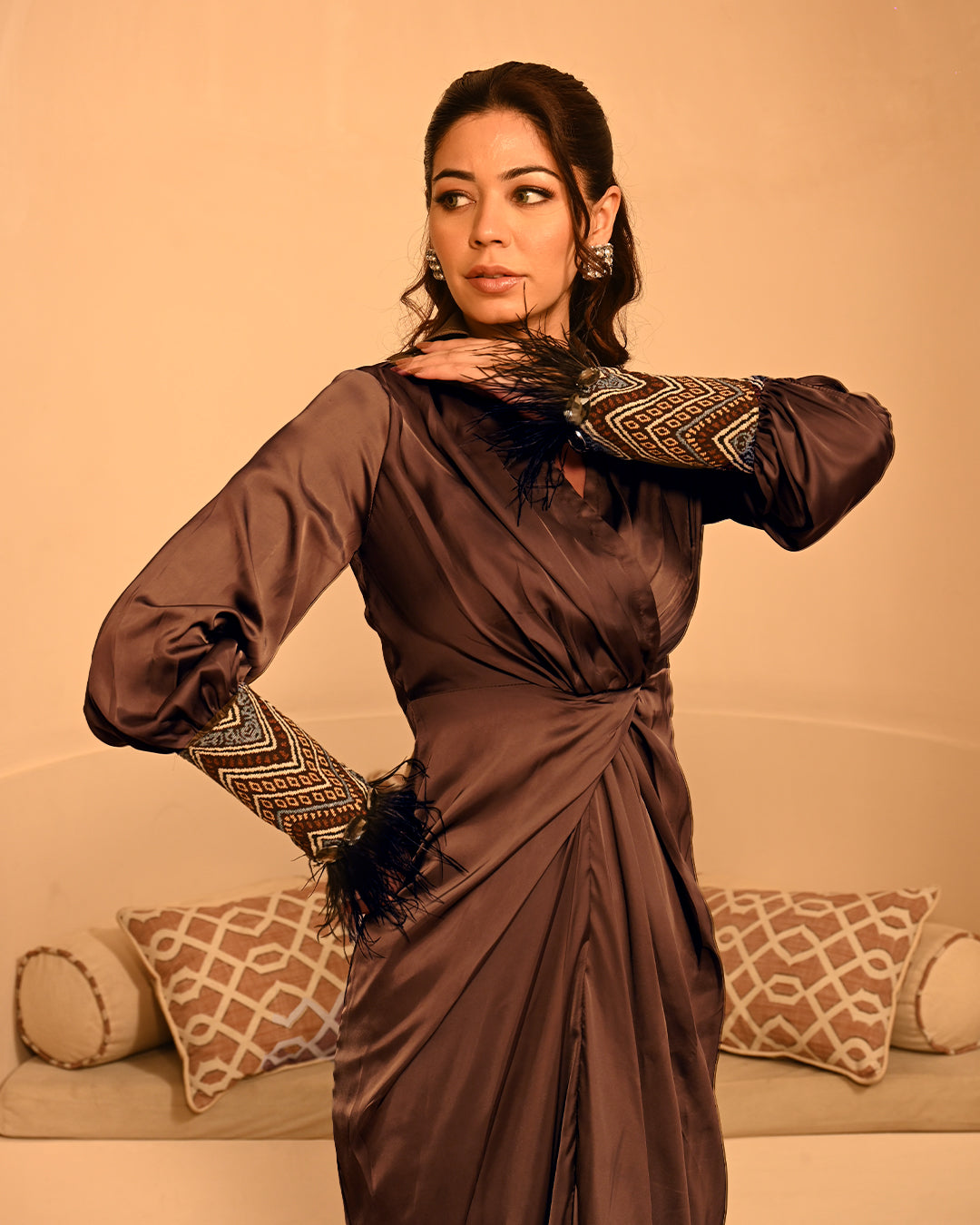 Women's Satin Knot Waist Maxi Dress Elegant Long Sleeve Occasion Wear