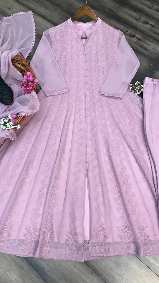 Women's Georgette With Embroidery Work Top Pant & Dupatta Set