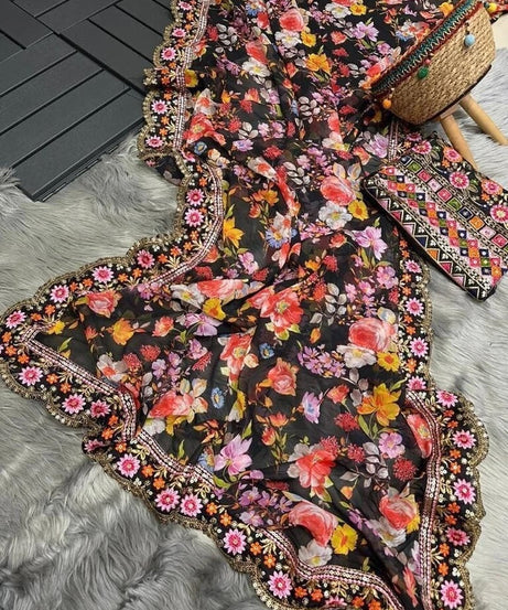 Designer Printed Soft Georgette Saree, Embroidery Heavy Sequence Work Sari & Blouse