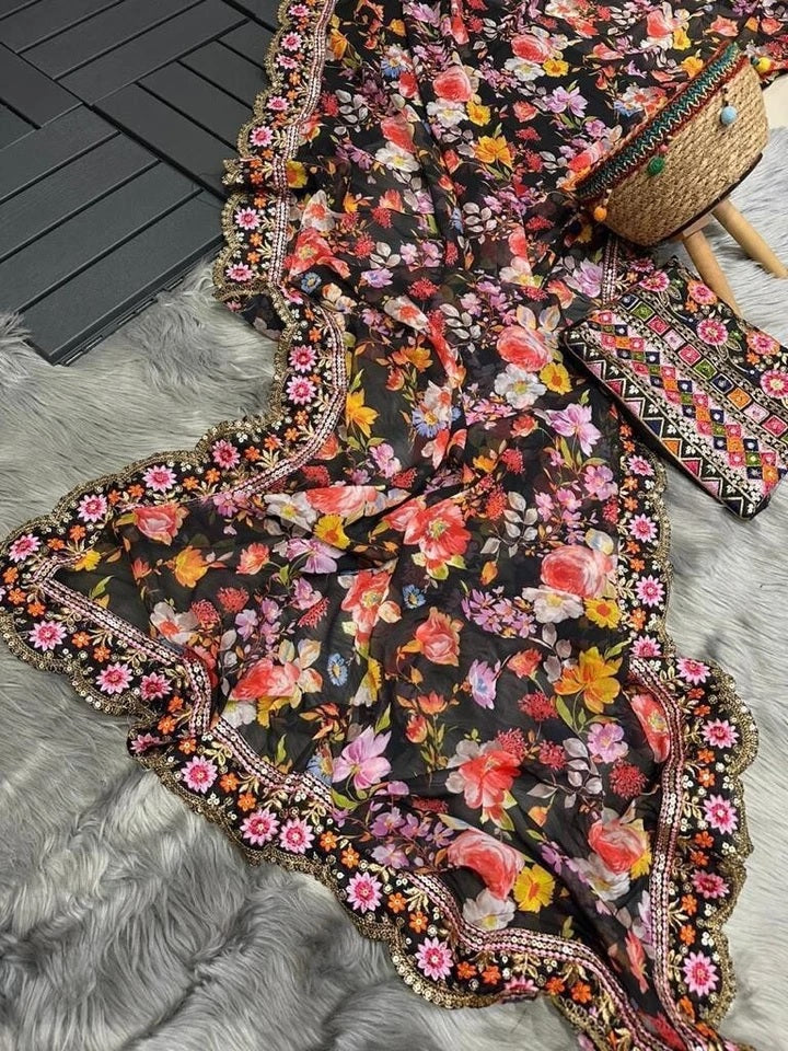 Designer Printed Soft Georgette Saree, Embroidery Heavy Sequence Work Sari & Blouse