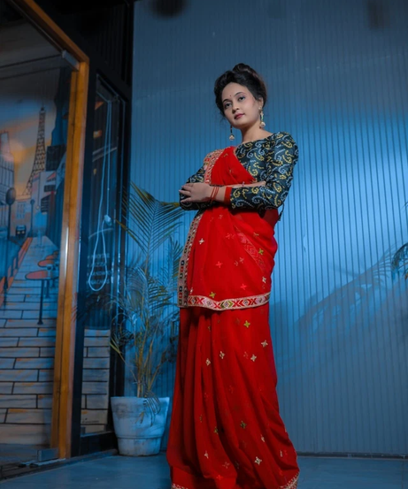 Designer Fancy Faux Georgette Embroidery With Real Mirror Work Saree & Blouse 11-RV