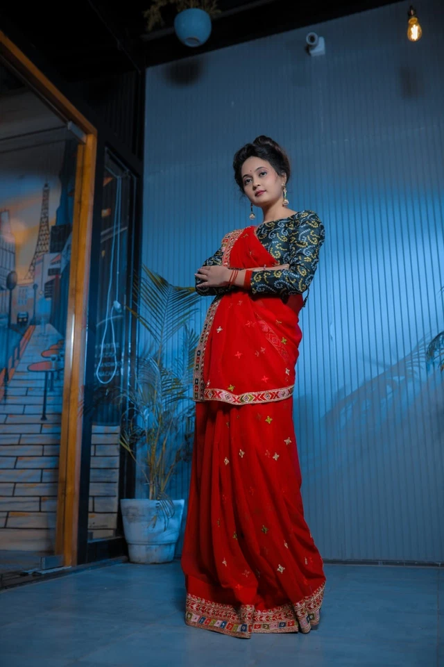 Designer Fancy Faux Georgette Embroidery With Real Mirror Work Saree & Blouse 11-RV