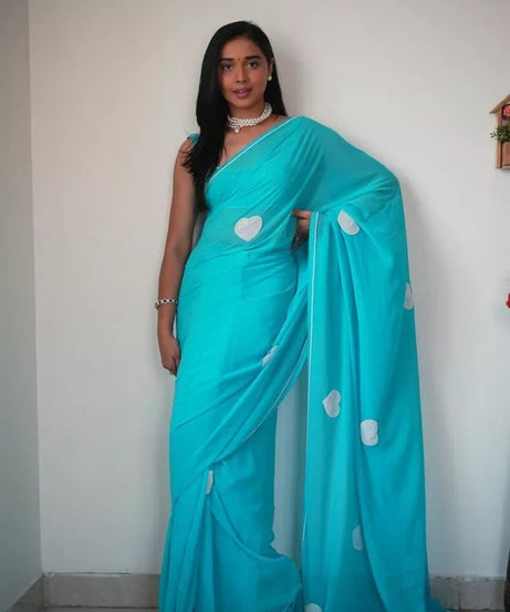 Georgette Embroidery Work Ready To Wear Sari With Blouse