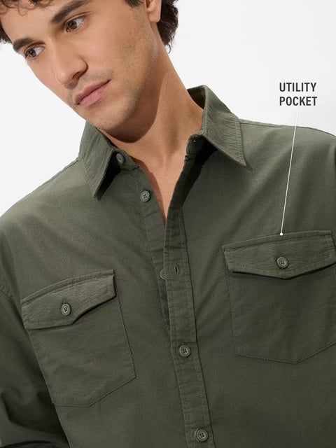 Solids Olive Green Men Utility Shirts