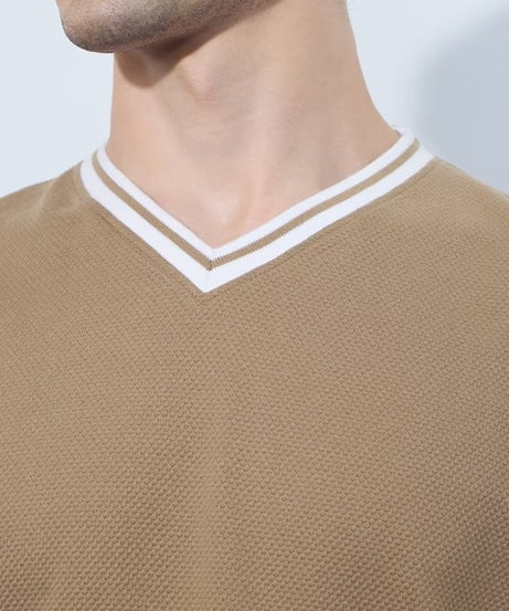 Textured Varsity Beige Oversized Full Sleeve T-Shirts