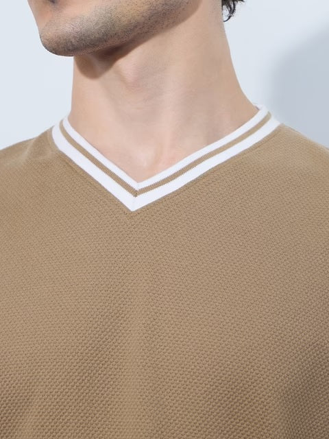 Textured Varsity Beige Oversized Full Sleeve T-Shirts