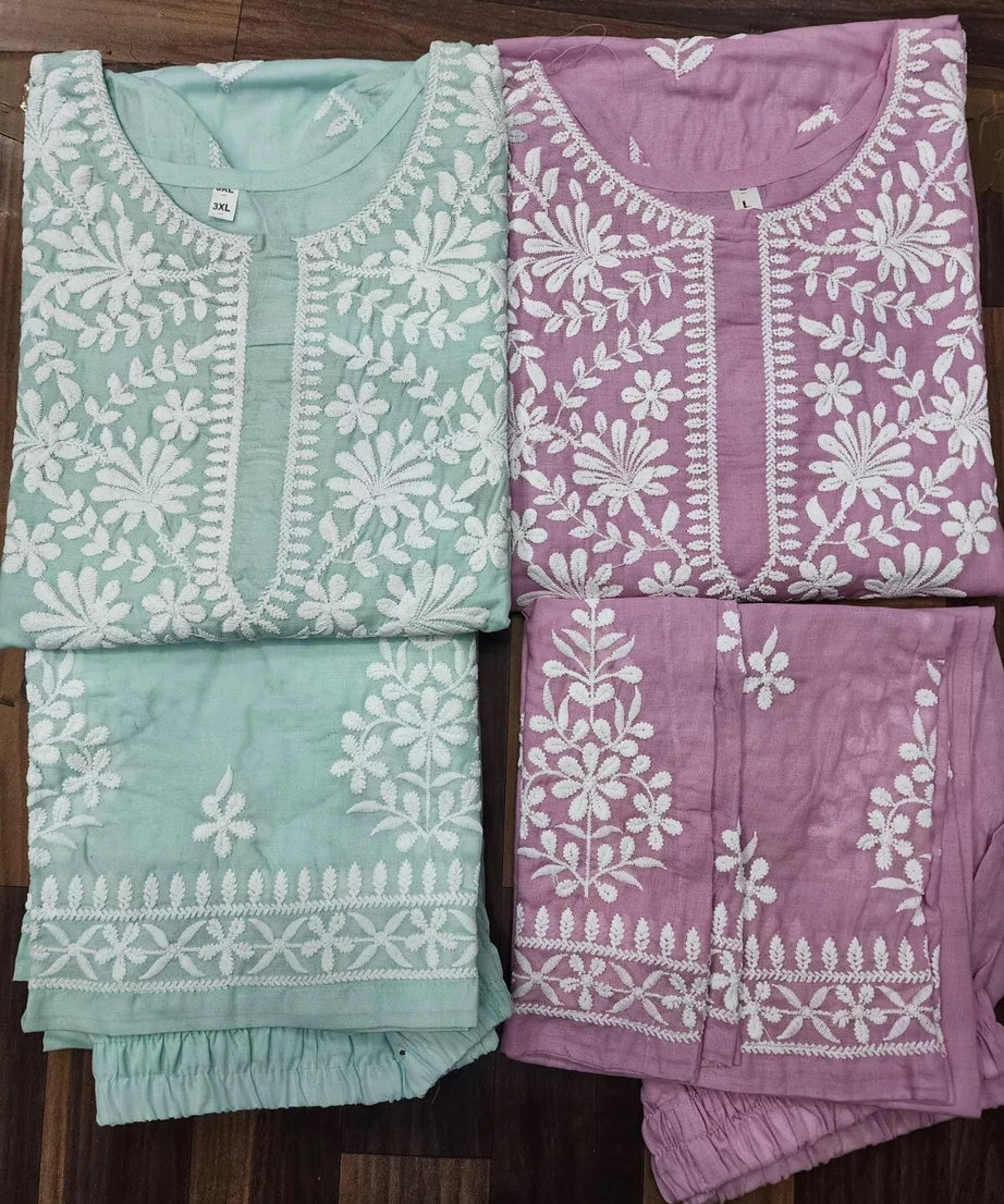 Heavy Cotton With Chikankari Embroidery Work Kurti Pant