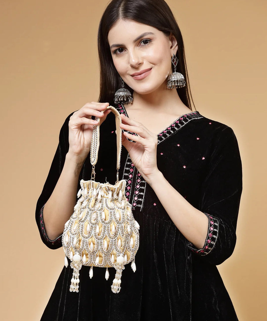Droop Pearl Embellished Velvet Potli Bag