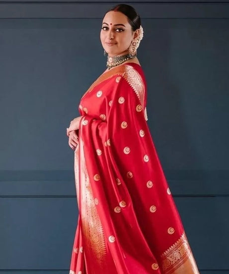 Red Banarasi Soft Silk Wedding Function Sari With Blouse