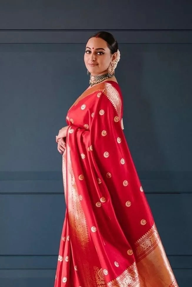 Red Banarasi Soft Silk Wedding Function Sari With Blouse