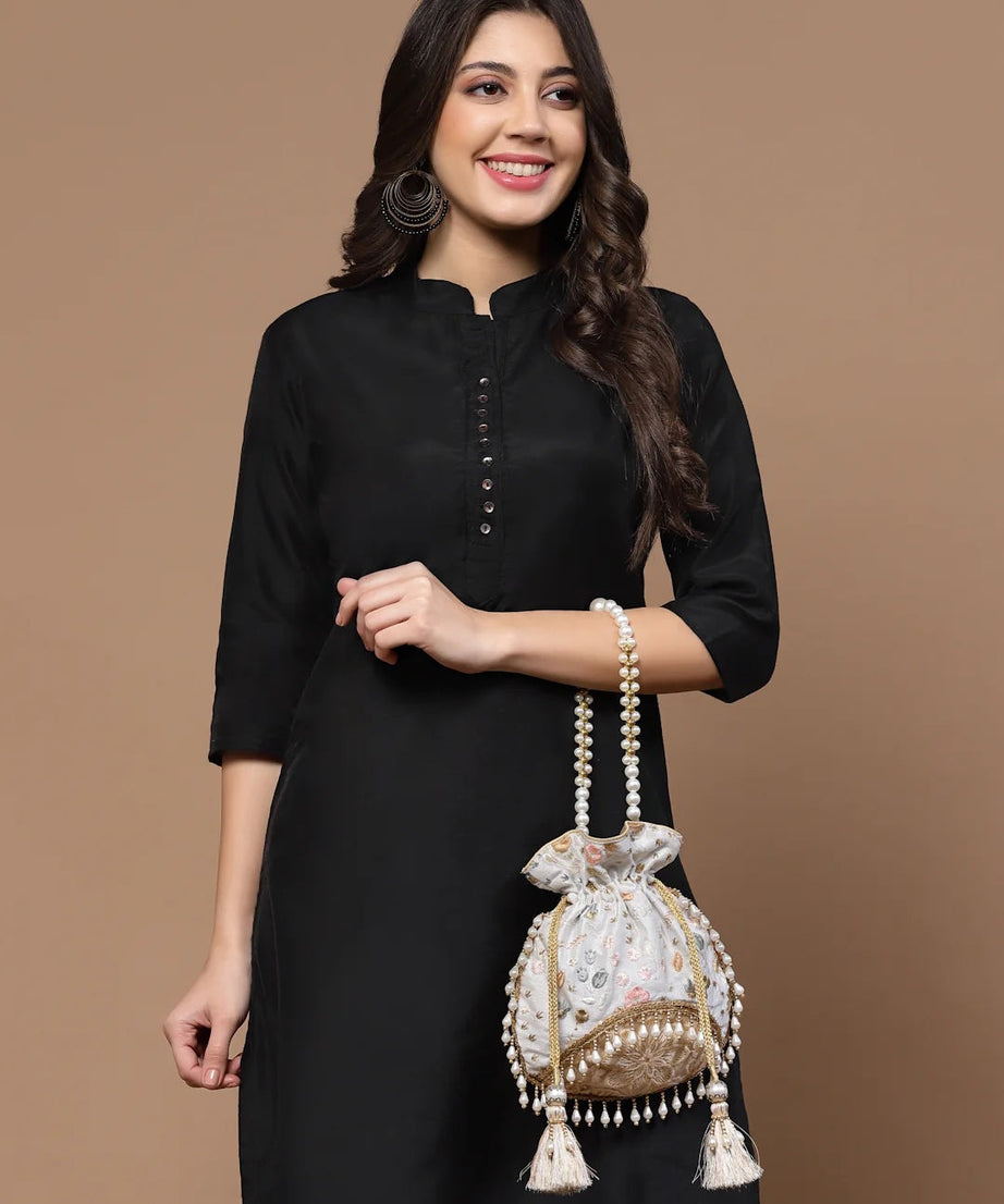 Droop Floral Embroidered Faux Silk Potli Bag