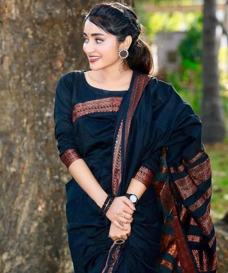 Black Designer Ethnic Wedding Banarasi Soft Silk Saree & Blouse