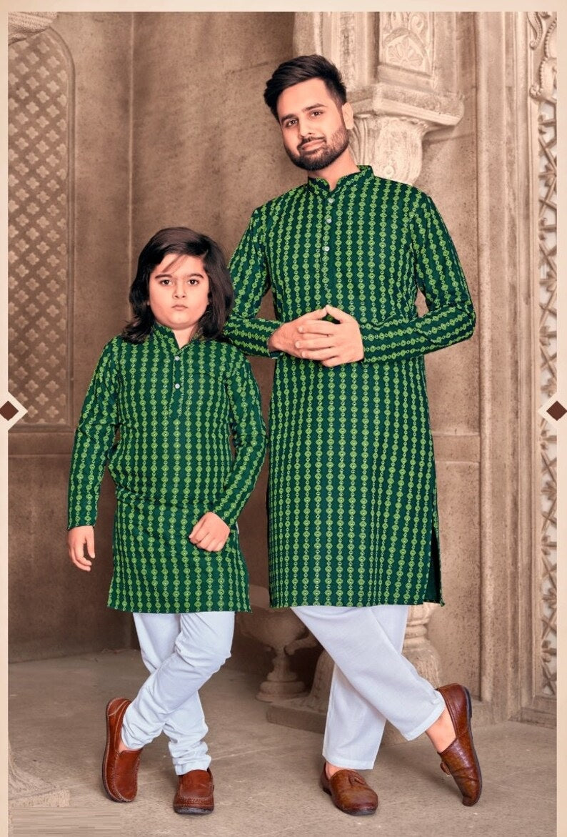 Heavy Magic Cotton Kurta Pajama For Men's & Kid's Combo Set