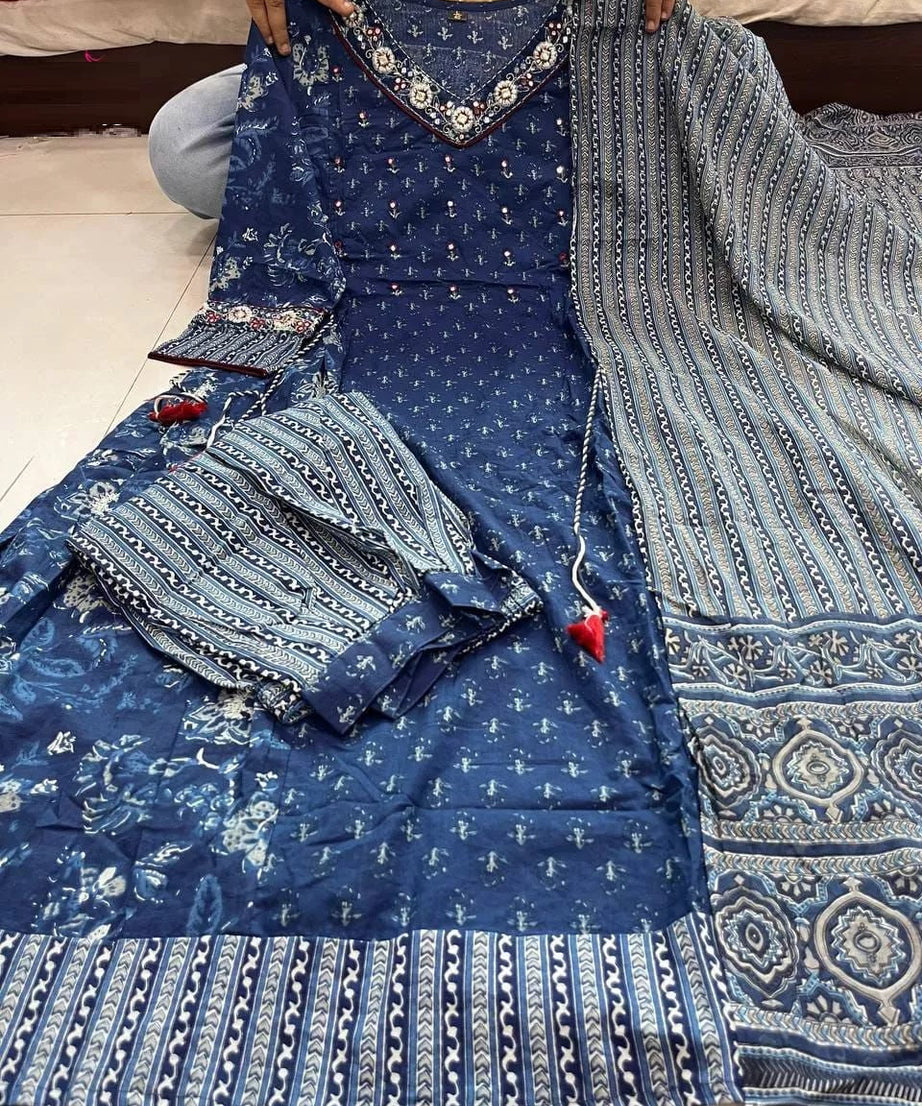 Cotton With Full Embroidery & Mirror Work Kurti Pant Dupatta