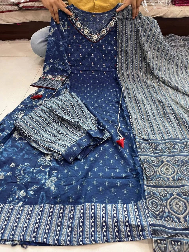 Cotton With Full Embroidery & Mirror Work Kurti Pant Dupatta
