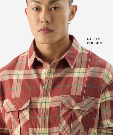 Checks Almond Cream Men Utility Shirts