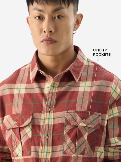 Checks Almond Cream Men Utility Shirts