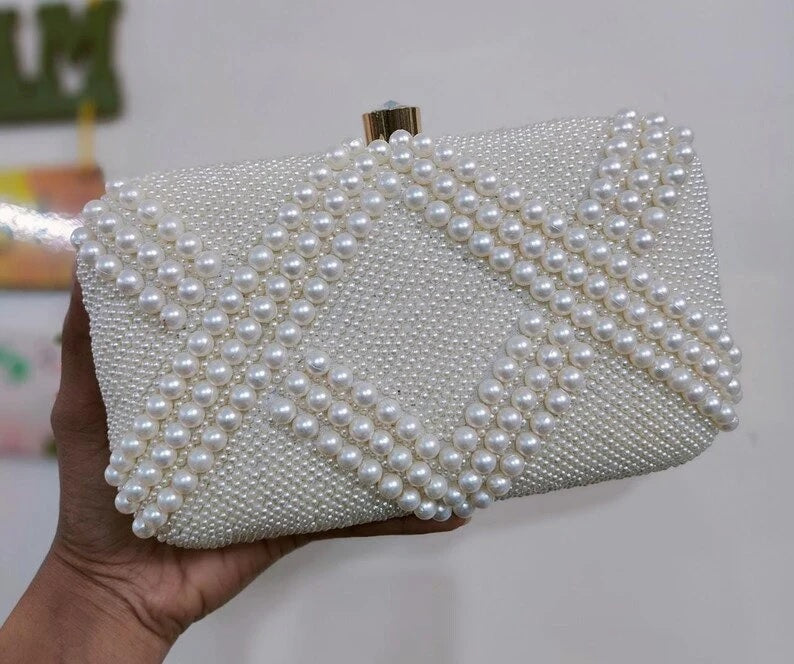White Pearl Work Beads Clutch