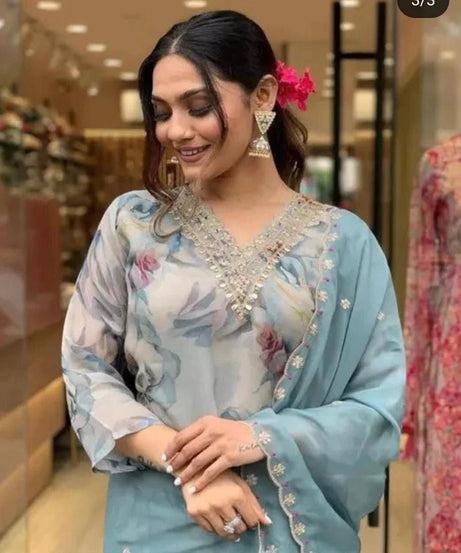 Classic Ethnic Pure Tabby Embroidery Work Kurti Bottom & Dupatta Set