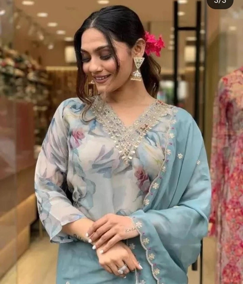 Classic Ethnic Pure Tabby Embroidery Work Kurti Bottom & Dupatta Set