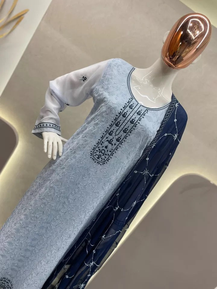 New Festival Stitched Faux Georgette With Embroidery Work Top Pant & Dupatta