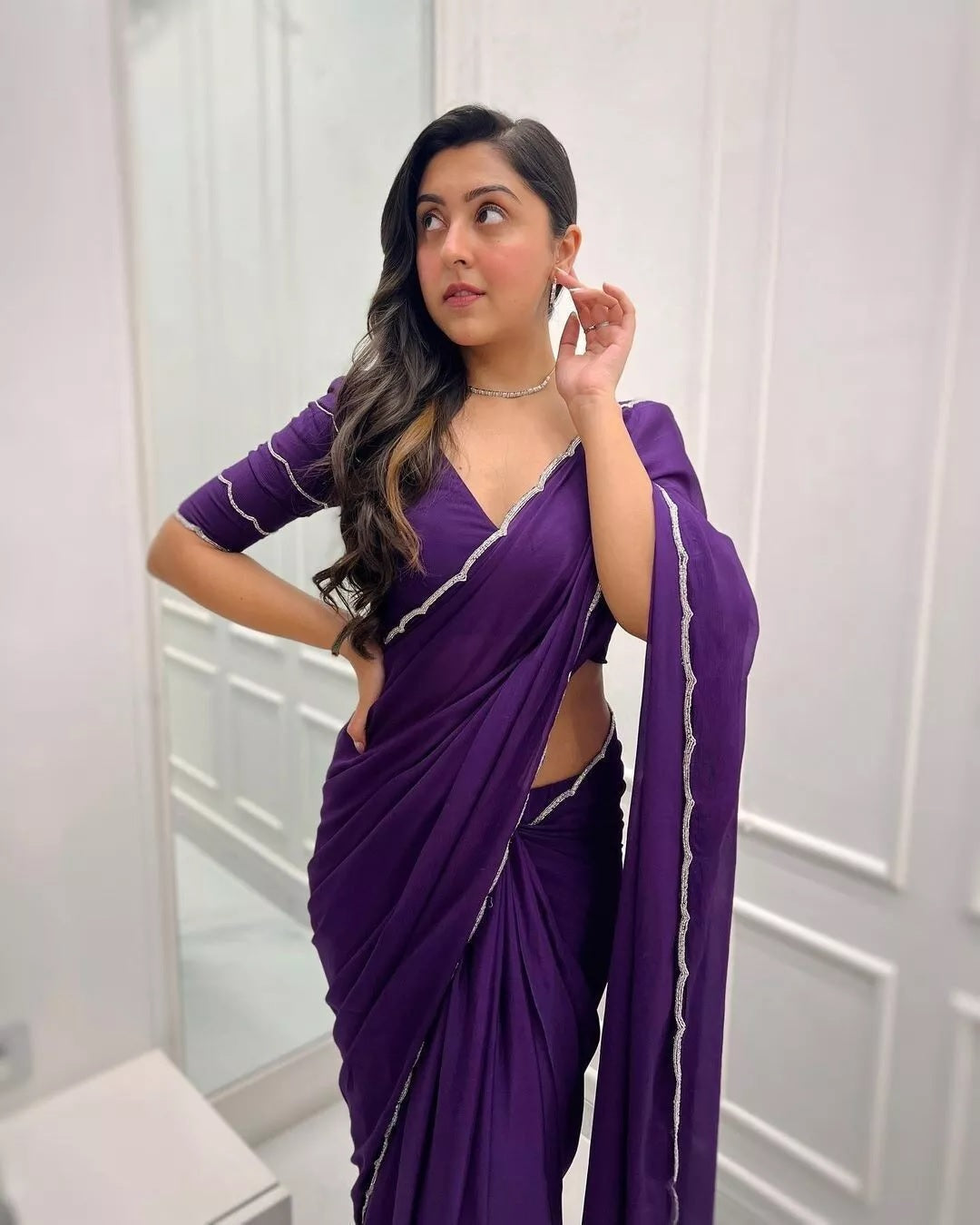 Soft Rich Elegant Chinon With Stone Bead Work Saree & Blouse