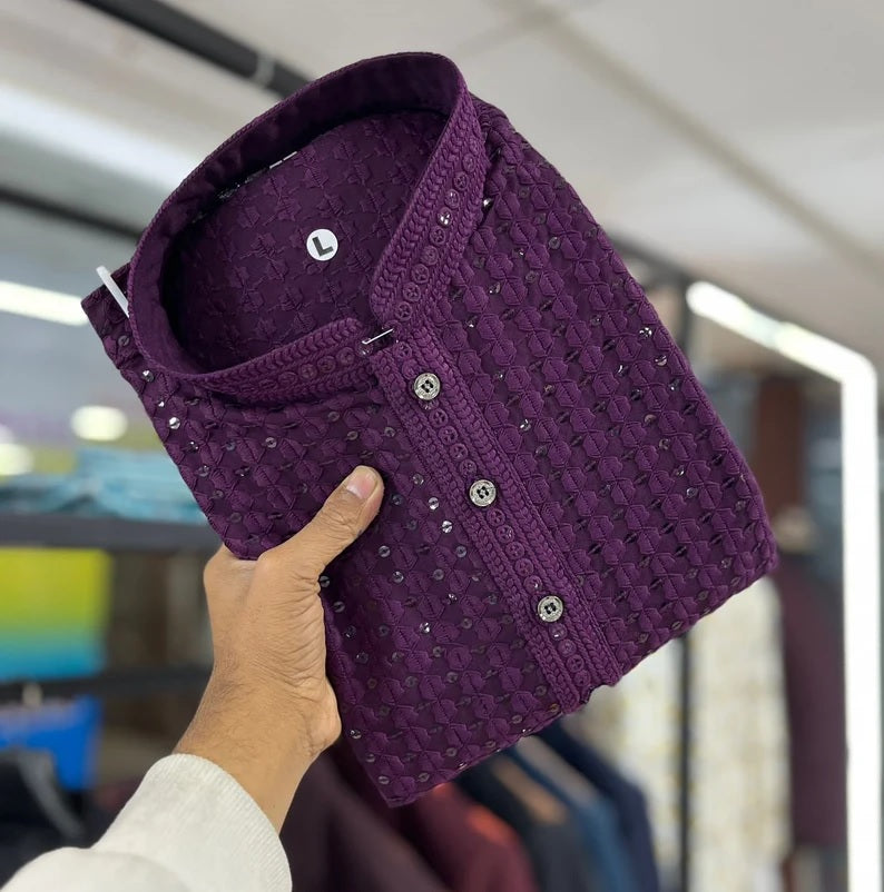 Men's  Cotton Rayon With Sequin Work Kurta Pajama Set