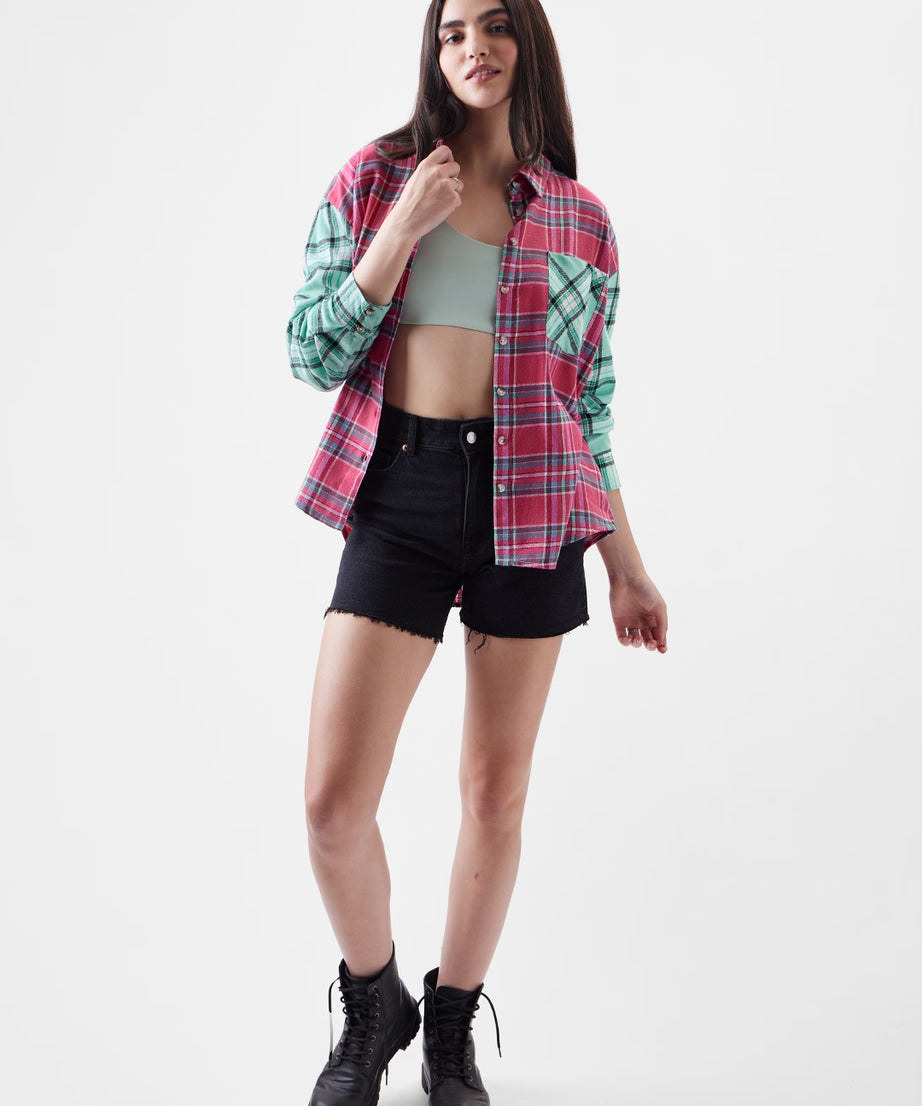 Plaid  Viridis And Raspberry Women Boyfriend Shirts