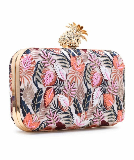 New Printed Satin Botanical Embroidered Clutch
