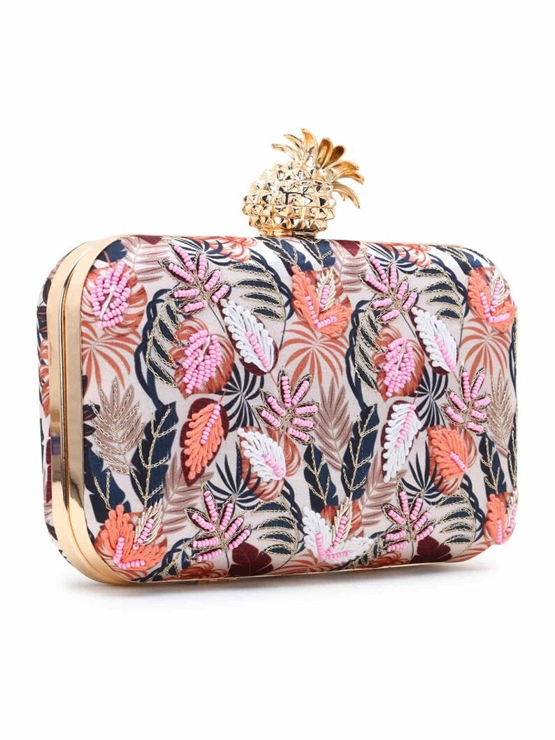New Printed Satin Botanical Embroidered Clutch