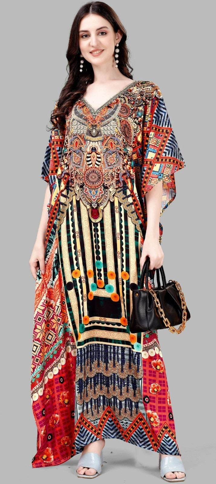 Women's Colorful Printed Kaftan Dress Kimono Maxi Dress Free Size Gown