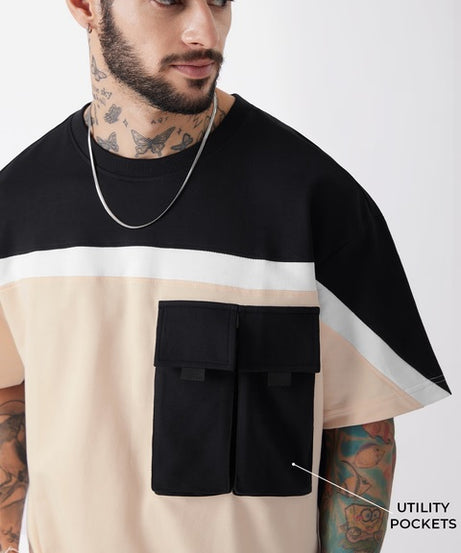 Solids Peach & Black Utility Oversized T-Shirts