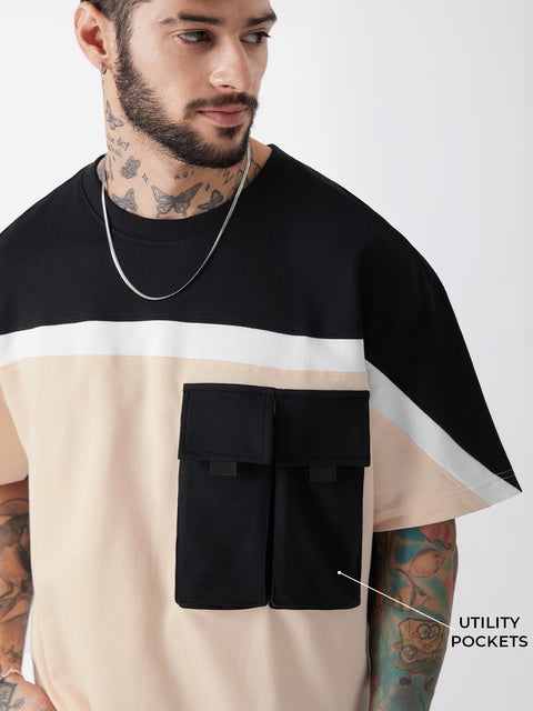 Solids Peach & Black Utility Oversized T-Shirts