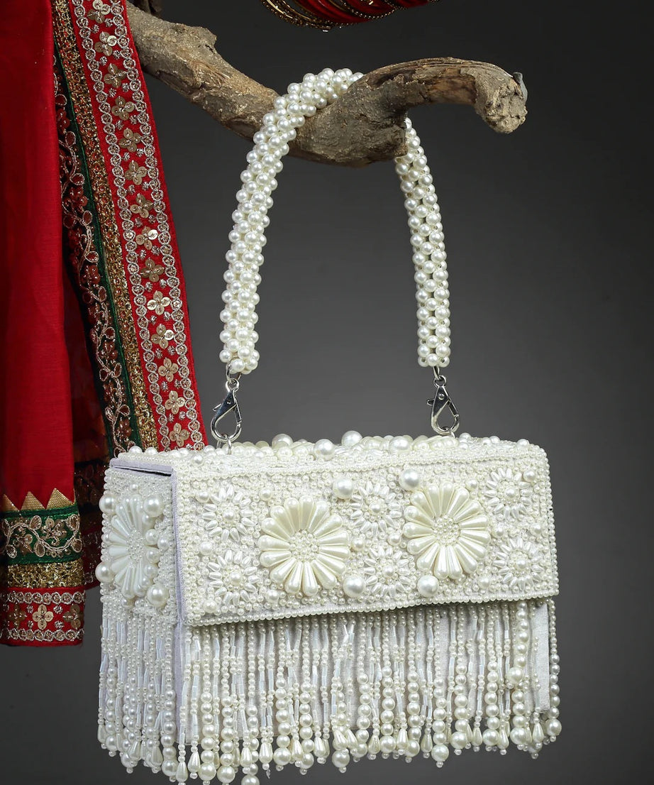 Coffer Bead Work Embellished Faux Silk Clutch