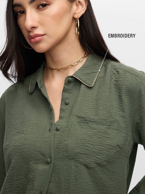 Textured Hunter Green Women Shirts