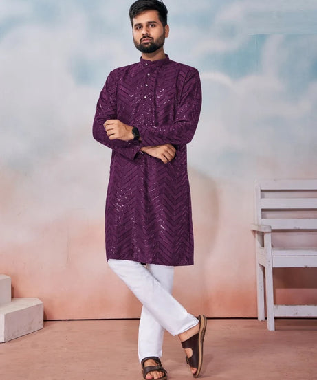 Heavy Rayon Chikan Work Kurta Pajama Combo For Men's