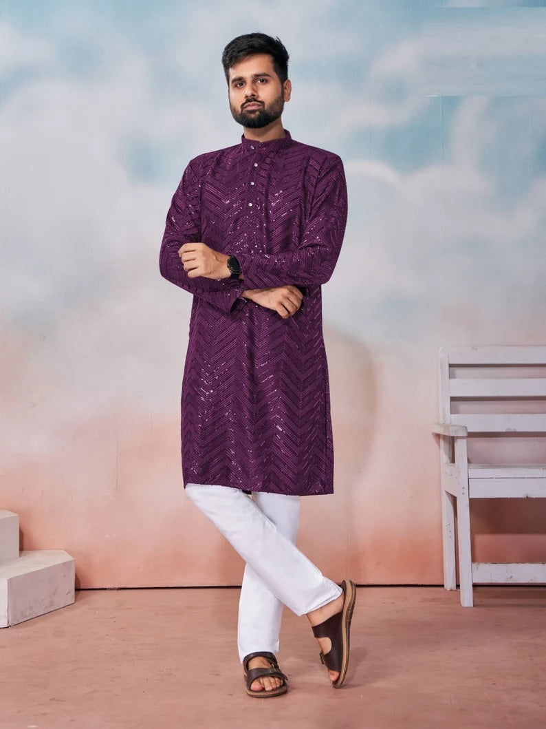 Heavy Rayon Chikan Work Kurta Pajama Set For Men's
