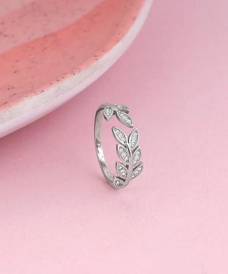 Silver Zircon Leaf Ring