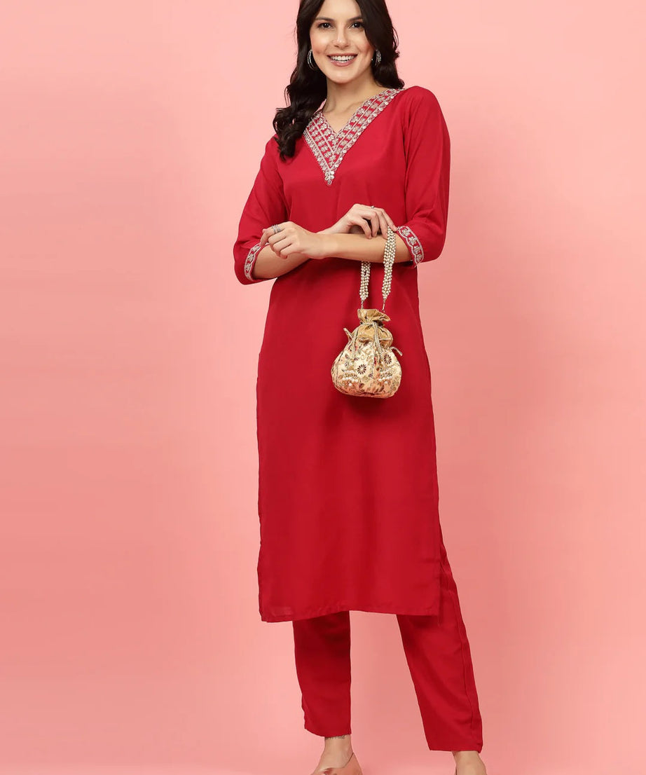 Lotus Floral Embellished Faux Silk Potli Bag