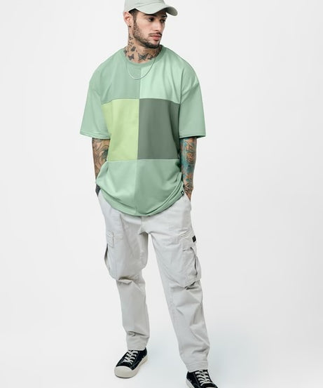 Green Colourblock Oversized T-Shirts