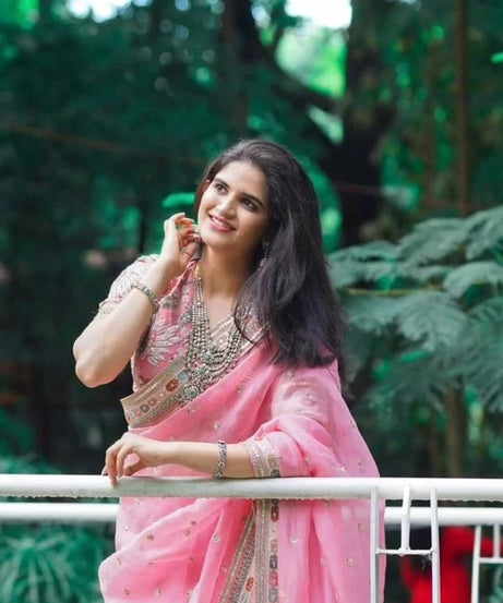 Pink Heavy Soft Tissue Organza Silk Saree, Wedding Wear Sari With Blouse