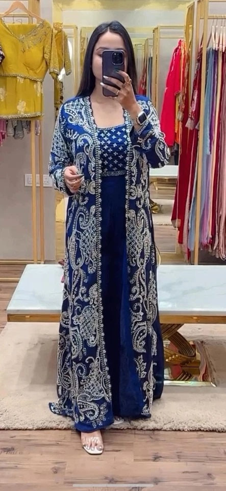 Faux Georgette With Designer  Embroidery Work Shrug - Palazzo & Blouse