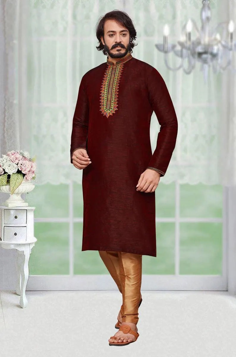 Heavy Silk With Embroidery Work Kurta Pajjama Men's Set