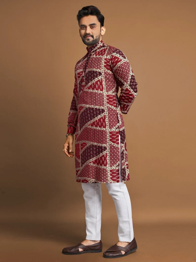Men's Soft Cotton Foil Print Designer Kurta Pajama Set