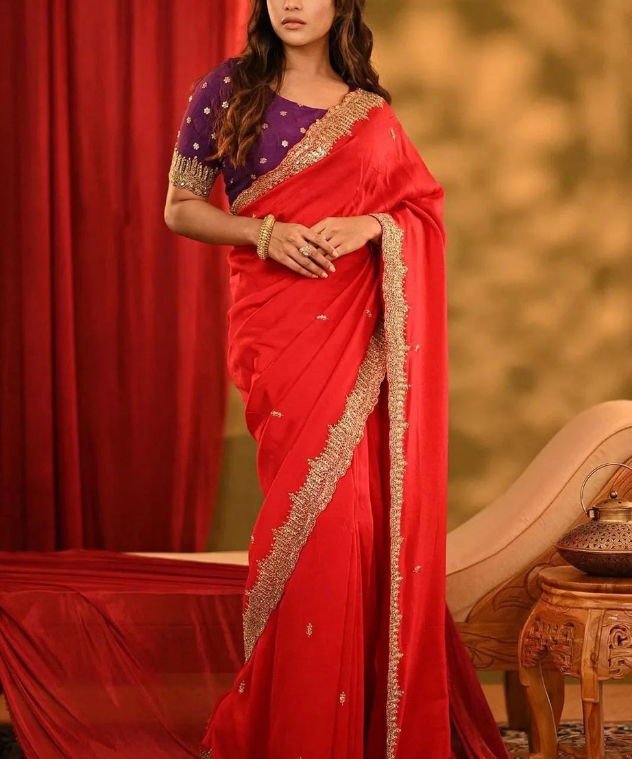 Rich Soft Georgette Fabric With Golden Tunic Sequence Work Saree With Blouse