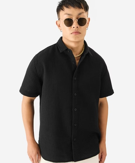 Midnight Black Men Textured Shirts
