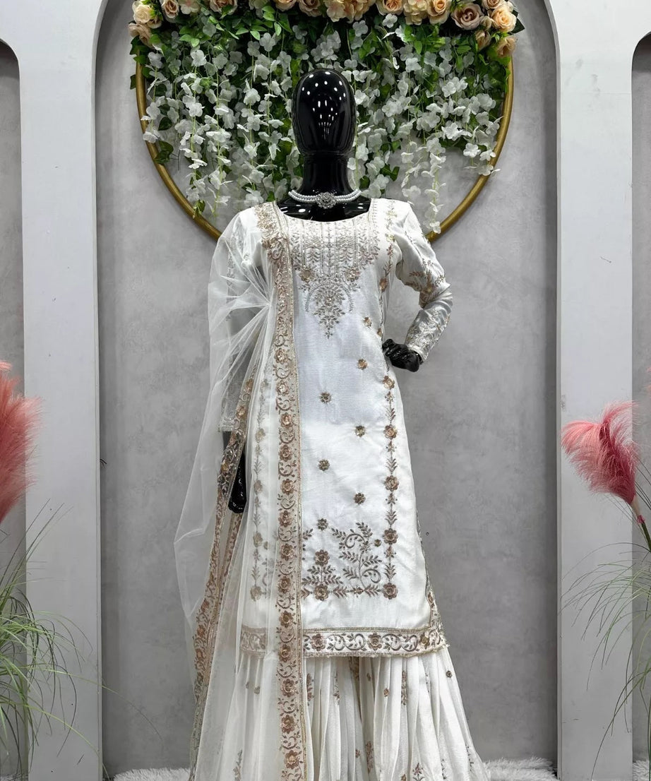 Chinon Silk Traditional Wedding Wear Latest Top Sharara & Dupatta