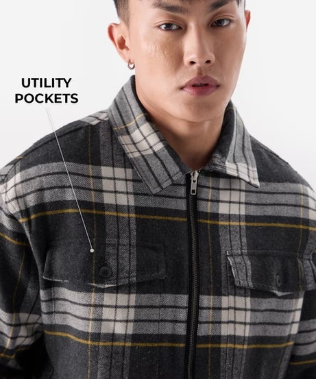 Plaid  Black and Grey Men Shackets