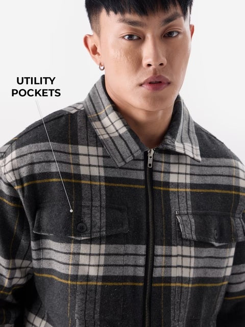 Plaid  Black and Grey Men Shackets